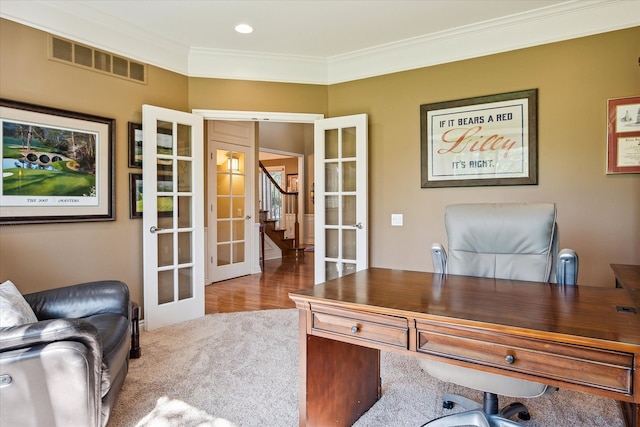 8504 Riverwalk Dr, Fenton, MI 48430 - office area with french doors, ornamental molding, and wood finished floors
