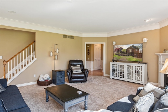 8504 Riverwalk Dr, Fenton, MI 48430 - living room with stairway, carpet flooring, ornamental molding, and baseboards