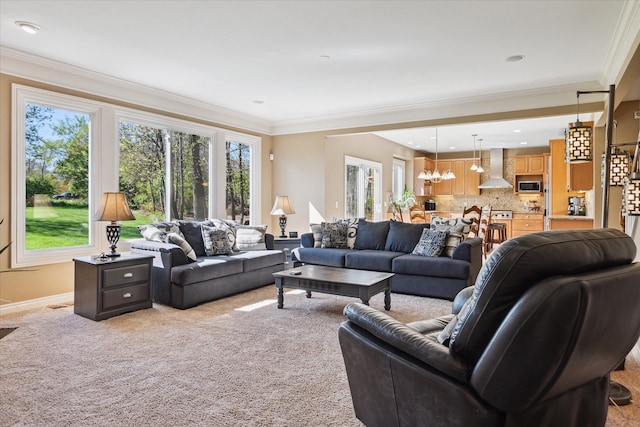 8504 Riverwalk Dr, Fenton, MI 48430 - living area with crown molding, a chandelier, light colored carpet, and baseboards