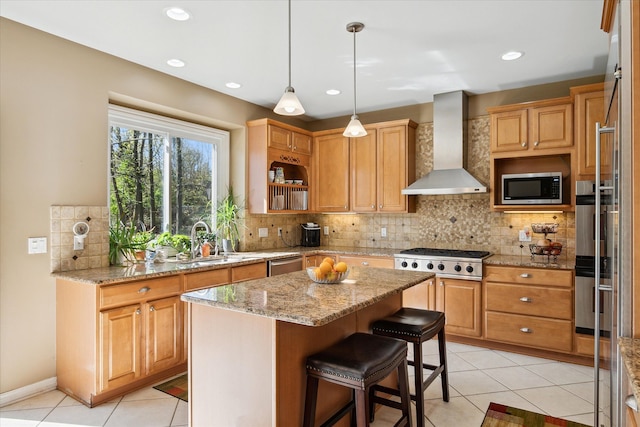 8504 Riverwalk Dr, Fenton, MI 48430 - kitchen featuring wall chimney range hood, stainless steel appliances, light tile patterned floors, a sink, and recessed lighting