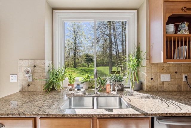 8504 Riverwalk Dr, Fenton, MI 48430 - kitchen with a sink, backsplash, light stone counters, and dishwasher