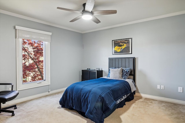 8504 Riverwalk Dr, Fenton, MI 48430 - bedroom featuring light carpet, baseboards, crown molding, and ceiling fan