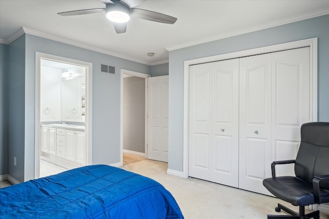8504 Riverwalk Dr, Fenton, MI 48430 - bedroom with crown molding, light colored carpet, baseboards, a closet, and connected bathroom
