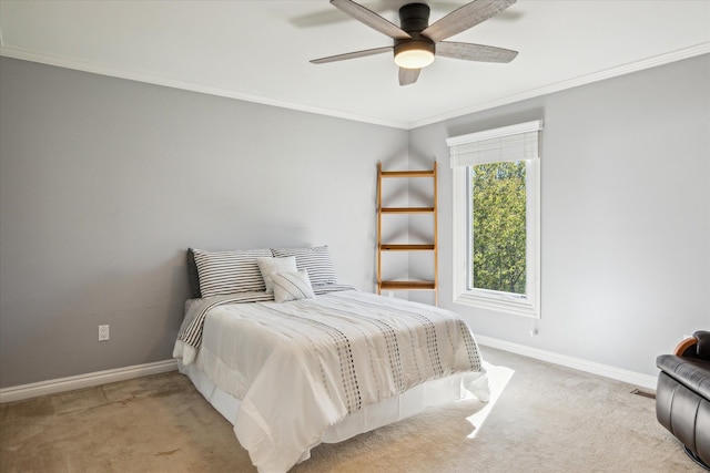 8504 Riverwalk Dr, Fenton, MI 48430 - bedroom featuring light carpet, baseboards, ornamental molding, and ceiling fan