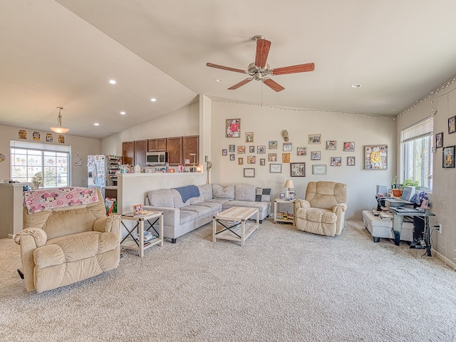 159 St Clair Cir, Brooklyn, MI 49230 - living area with light carpet, vaulted ceiling, recessed lighting, and ceiling fan