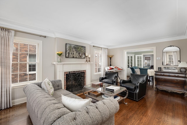 living room featuring crown molding, a fireplace with flush hearth, and wood finished floors