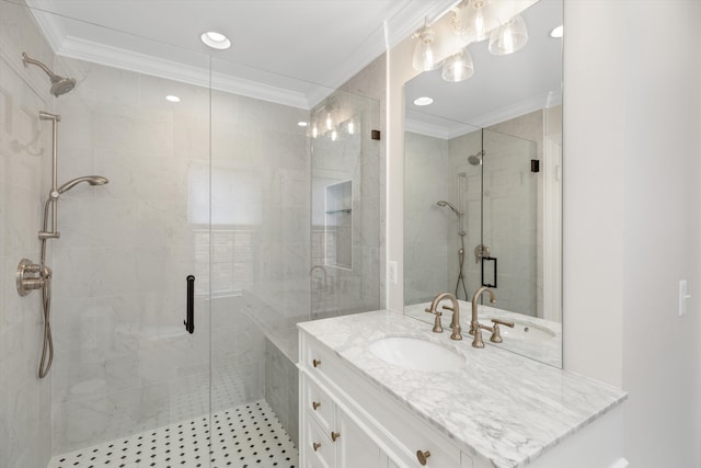 bathroom featuring ornamental molding, a shower stall, vanity, and recessed lighting