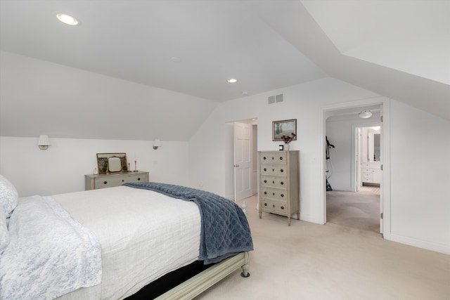 bedroom featuring vaulted ceiling, light colored carpet, and recessed lighting