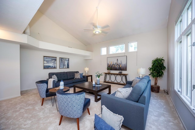 2015 Rugby Ct, Ann Arbor, MI 48103 - living area featuring high vaulted ceiling, a ceiling fan, light carpet, and baseboards