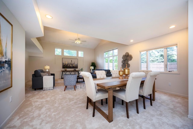 2015 Rugby Ct, Ann Arbor, MI 48103 - dining room with a ceiling fan, light colored carpet, vaulted ceiling, baseboards, and recessed lighting