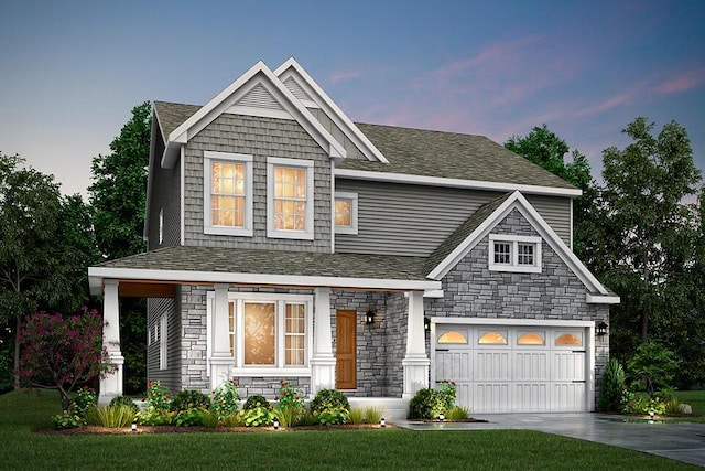 craftsman-style house with concrete driveway, a lawn, stone siding, a shingled roof, and a garage