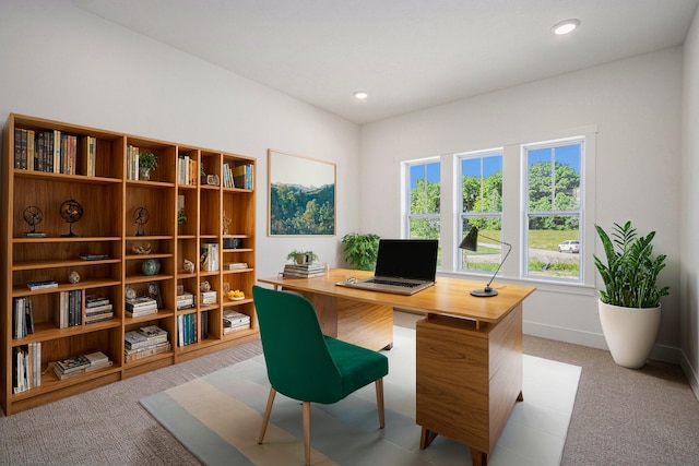 home office with baseboards, recessed lighting, and light colored carpet