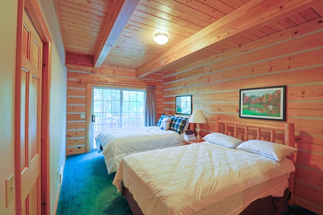 carpeted bedroom with wooden ceiling, access to outside, wooden walls, and beamed ceiling