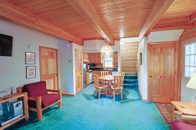 carpeted dining area featuring wood ceiling, baseboards, and beamed ceiling