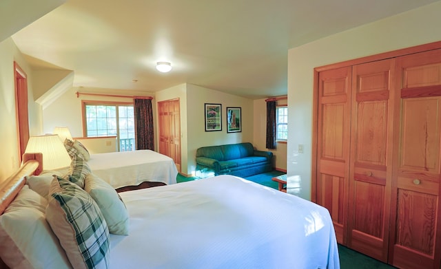 carpeted bedroom with vaulted ceiling and a closet
