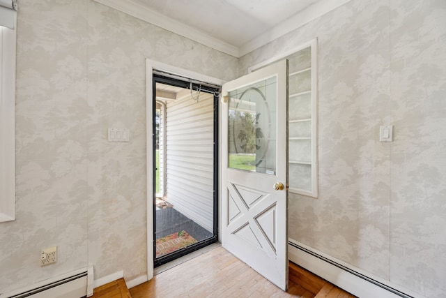 2050 Rowe Rd, Milford, MI 48380 - foyer featuring ornamental molding, a baseboard radiator, light wood-type flooring, and wallpapered walls
