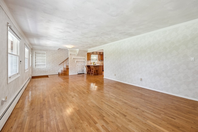 2050 Rowe Rd, Milford, MI 48380 - unfurnished living room with light wood-type flooring, stairway, baseboard heating, baseboards, and wallpapered walls