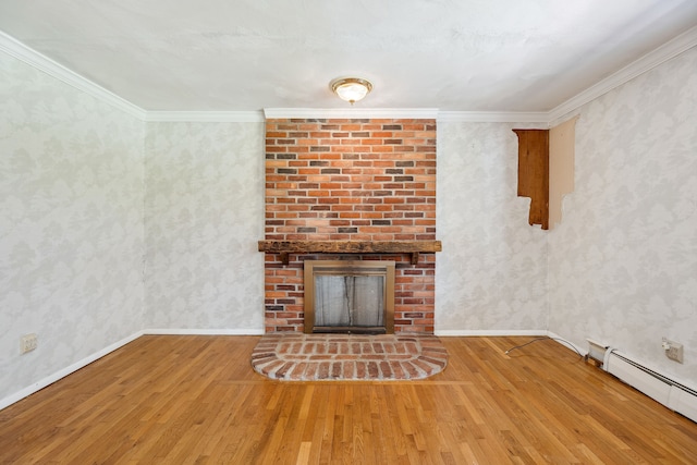 2050 Rowe Rd, Milford, MI 48380 - unfurnished living room with wallpapered walls, baseboard heating, and wood finished floors