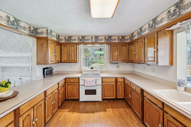 2050 Rowe Rd, Milford, MI 48380 - kitchen featuring light wood-style floors, brown cabinetry, stainless steel microwave, and double oven range