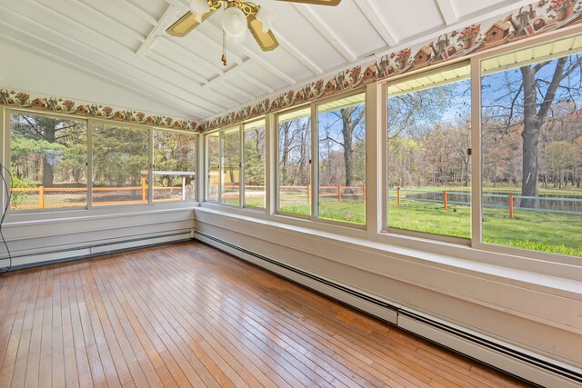 2050 Rowe Rd, Milford, MI 48380 - unfurnished sunroom with ceiling fan, a baseboard radiator, and a healthy amount of sunlight
