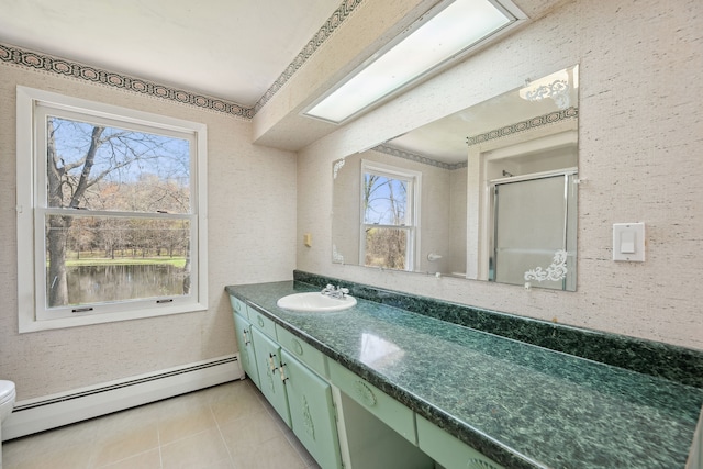 2050 Rowe Rd, Milford, MI 48380 - full bathroom featuring toilet, tile patterned flooring, a shower stall, baseboard heating, and vanity