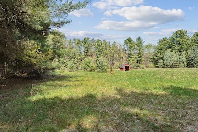 2050 Rowe Rd, Milford, MI 48380 - view of yard with an outdoor structure, a view of trees, and a storage unit