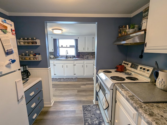 kitchen with under cabinet range hood, a sink, white appliances, dark wood-style flooring, and white cabinetry