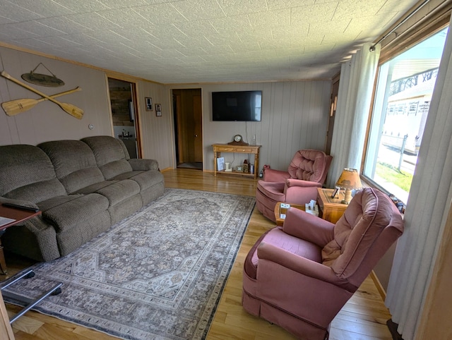 living area featuring wood walls and light wood-style flooring