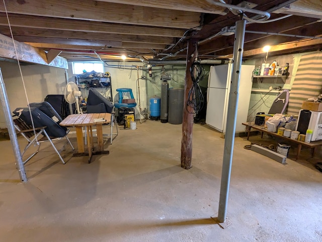basement with freestanding refrigerator