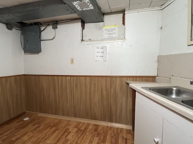 26741 Dartmouth St, Madison Heights, MI 48071 - finished basement with electric panel, light wood finished floors, a wainscoted wall, wood walls, and a sink