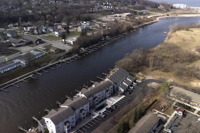 drone / aerial view with a water view
