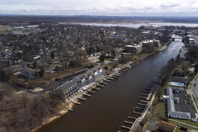 aerial view featuring a water view