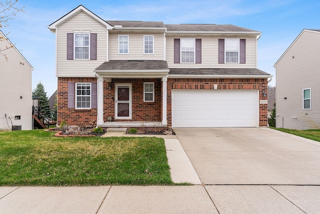 8079 Wildwood Ln, White Lake, MI 48386 - view of front of property with brick siding, a garage, a front lawn, and concrete driveway