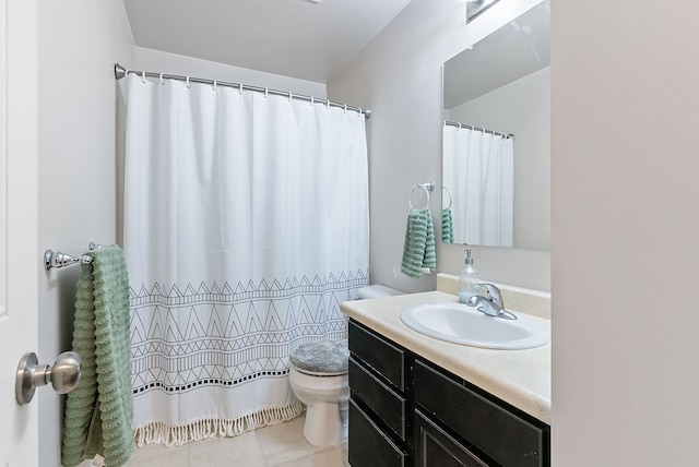 8079 Wildwood Ln, White Lake, MI 48386 - bathroom featuring vanity, toilet, tile patterned floors, and a shower with curtain