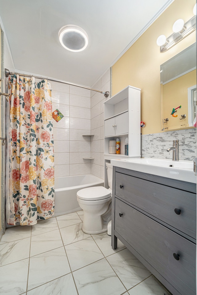 bathroom featuring vanity, toilet, marble finish floor, shower / bath combination with curtain, and ornamental molding