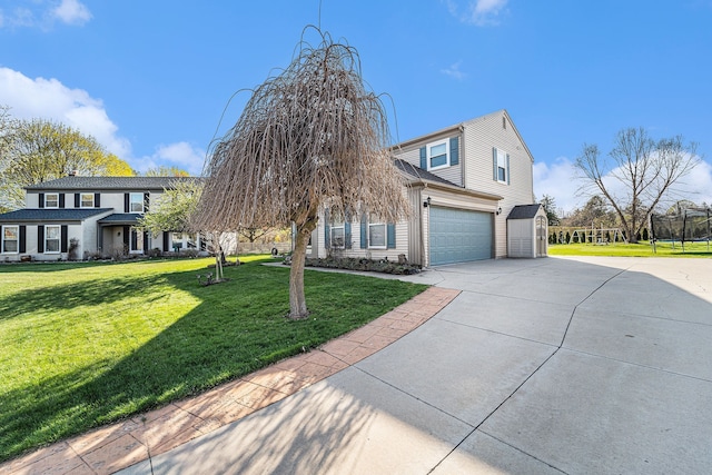 view of front of property featuring a trampoline, an attached garage, a front lawn, and driveway