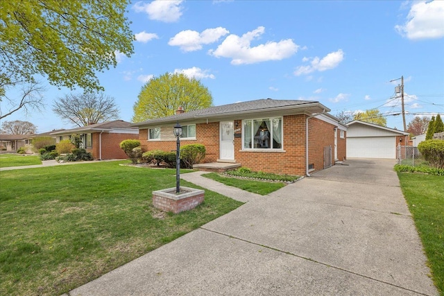 14953 Colpaert Dr, Warren, MI 48088 - ranch-style home featuring a garage, a front lawn, fence, a chimney, and brick siding