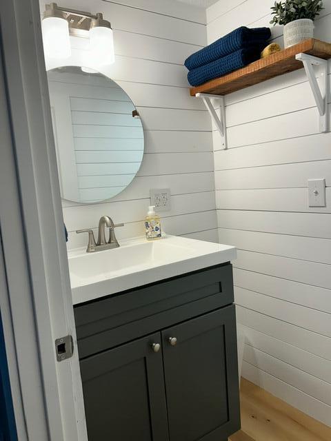 21 River St, Niles, MI 49120 - bathroom with wood finished floors, wood walls, and vanity