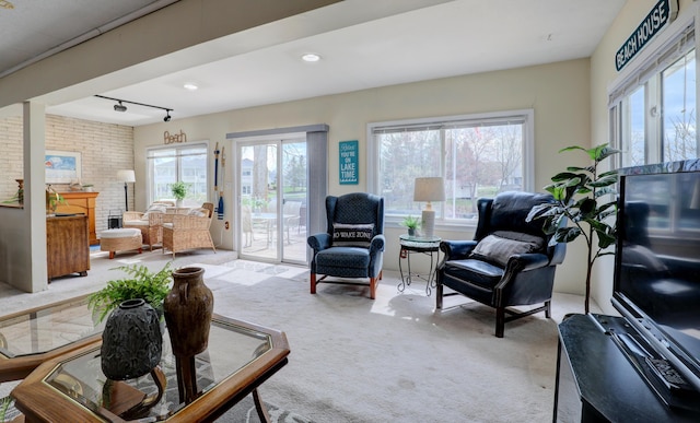 2103 Island Dr, Wayland, MI 49348 - living area featuring rail lighting, a healthy amount of sunlight, and light carpet