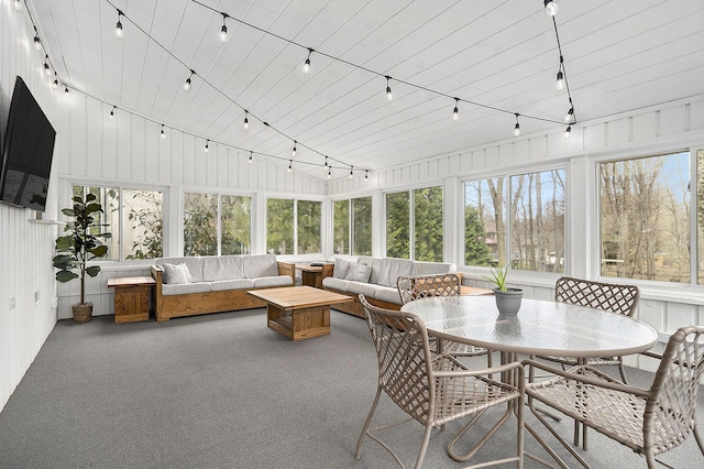 sunroom featuring carpet and rail lighting