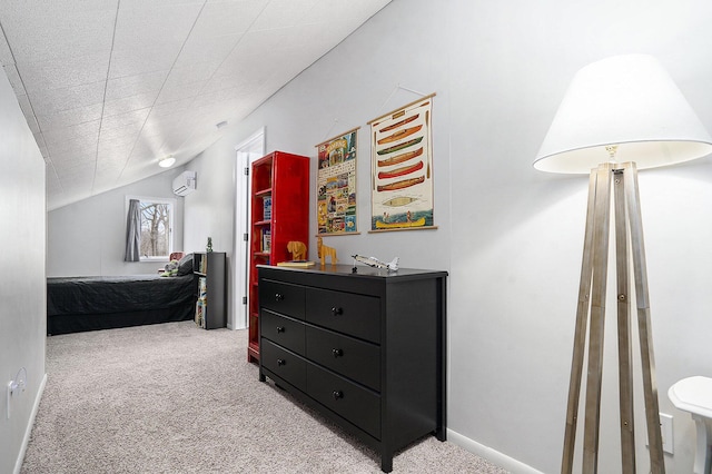 bedroom featuring vaulted ceiling, carpet, and a wall unit AC