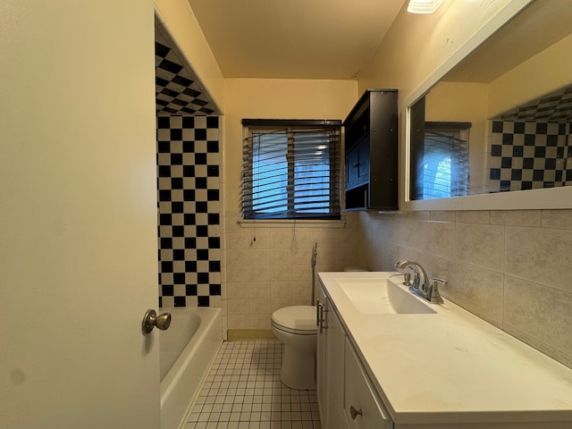 full bath with toilet, tile walls, tile patterned flooring, and vanity