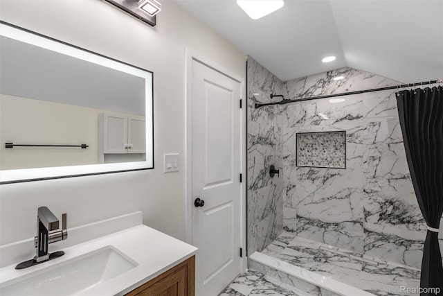 12061 Nashville St, Detroit, MI 48205 - full bathroom featuring marble finish flooring, vanity, a marble finish shower, and recessed lighting