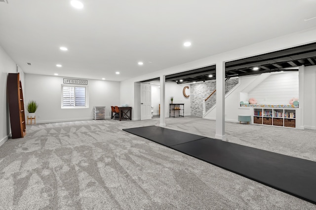 2693 Sanctuary Dr, Stevensville, MI 49127 - below grade area with baseboards, carpet, recessed lighting, and stairway