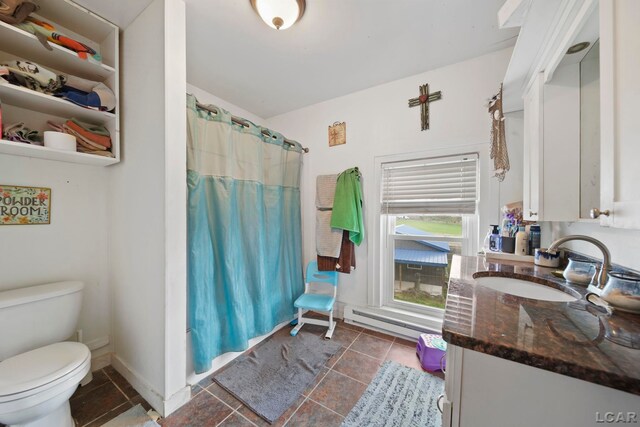 bathroom with a baseboard radiator, toilet, vanity, and curtained shower