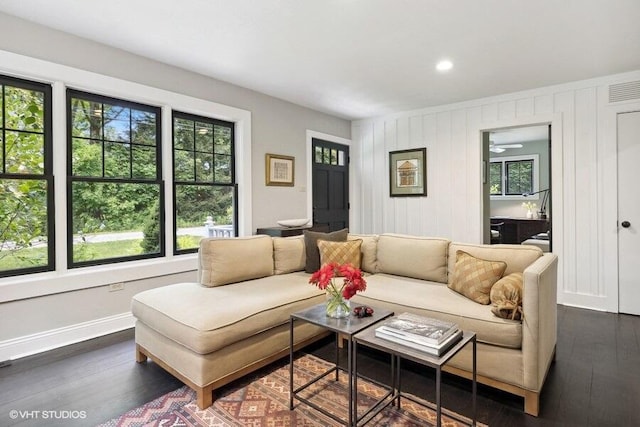 16191 4th Ln, Union Pier, MI 49129 - living area with dark wood finished floors, baseboards, and recessed lighting