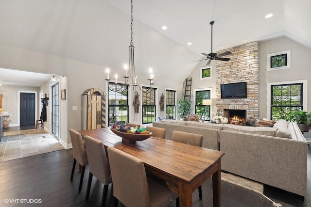 16191 4th Ln, Union Pier, MI 49129 - dining room featuring recessed lighting, wood finished floors, a ceiling fan, a fireplace, and high vaulted ceiling