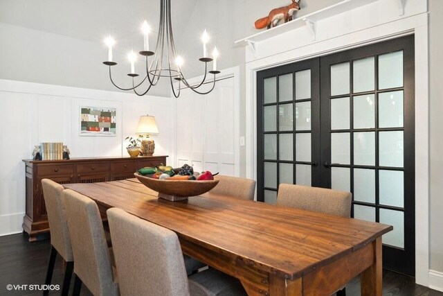 16191 4th Ln, Union Pier, MI 49129 - dining area with a decorative wall, french doors, a notable chandelier, and dark wood-style flooring