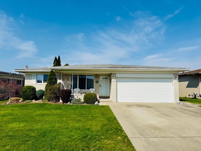single story home with concrete driveway, a front lawn, brick siding, and a porch
