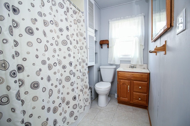 full bath featuring vanity, tile patterned flooring, a shower with shower curtain, and toilet
